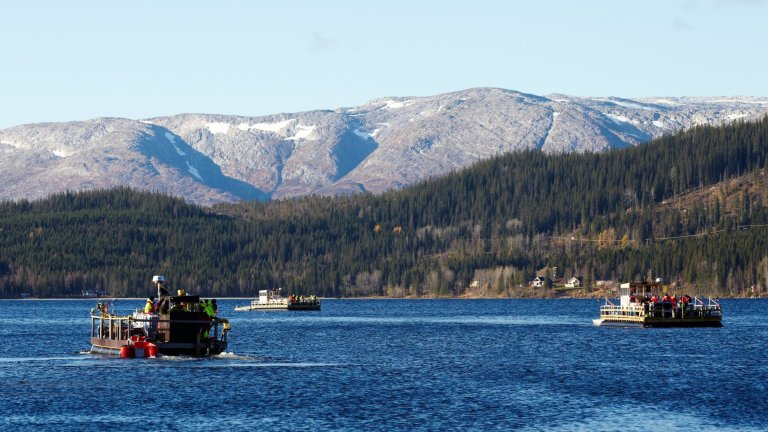 Tre båter/flåter i en fjord med arbeidere på som driver behandling i vannet. I bakgrunnen er det et fjell dekket av trær fremst og et høyere fjell i bakgrunnen uten trær men med noen snøflekker på. Foto: Dag Karlsen
